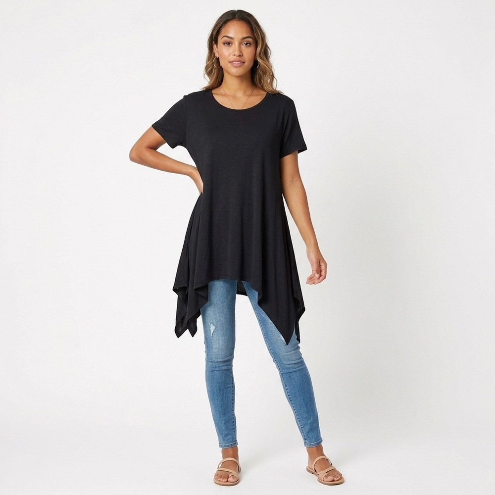 MAGAZINE Black Hankerchief Hem Short Sleeve Tunic Top Swing Mini Dress NWT